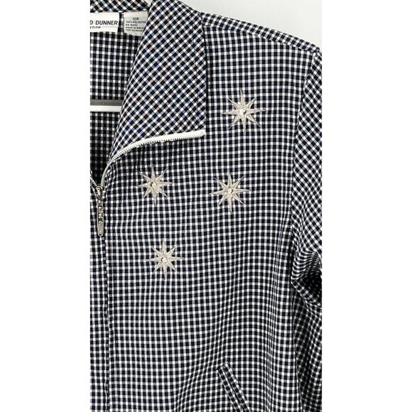 Alfred Dunner Jacket 12P Navy Plaid Embroidered Stars Sequins Zip Shoulder Pads - Picture 2 of 11